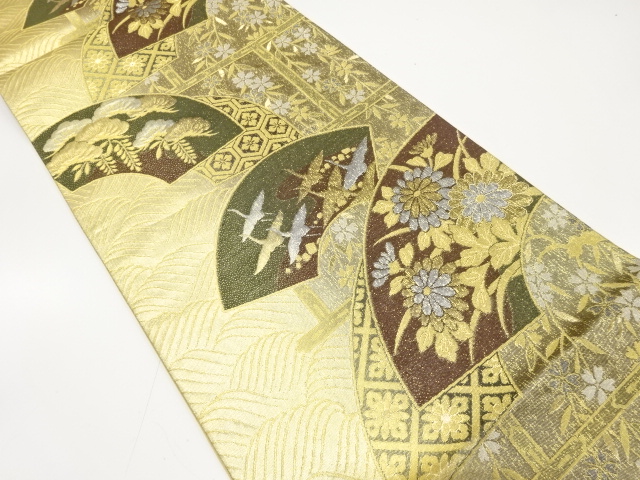 未使用品　地紙に菊・群鶴・枝垂れ桜模様織り出し袋帯(未仕立て)